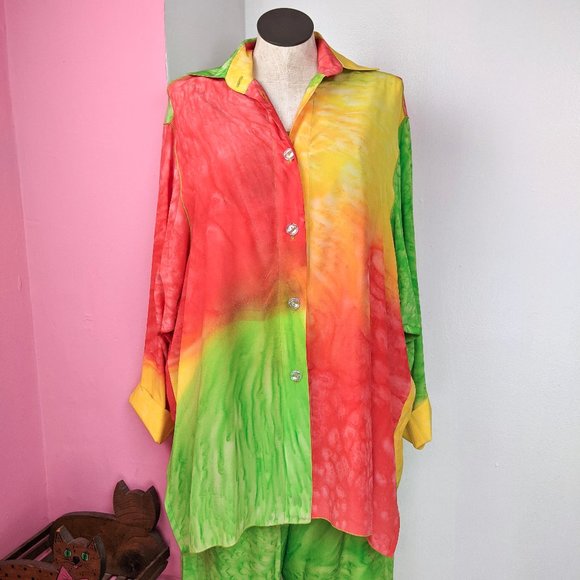 Paul Sisto Bold Colorful Green / Yellow / Red Three Piece Blouse & Pant Set - Picture 9 of 15